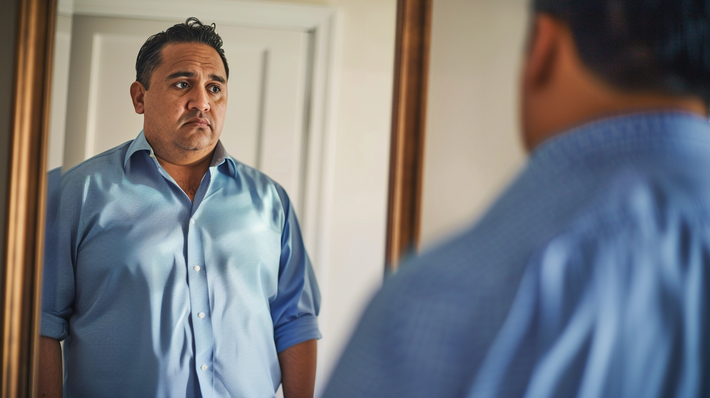 A slightly overweight professional Hispanic man 45 years old is looking at himself in a full-length mirror.