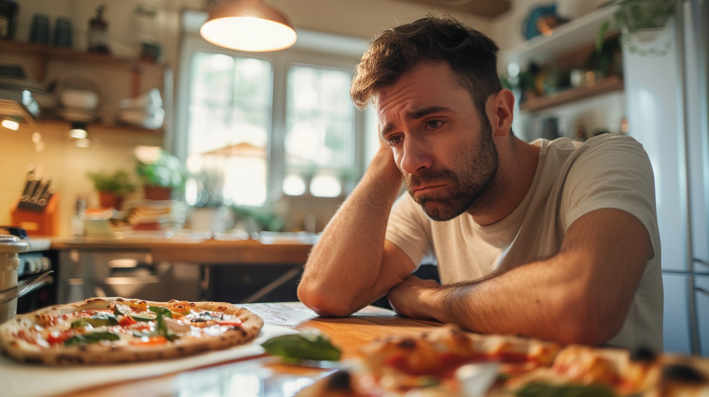 An image of a man who is having an emotional eating at the kitchen.