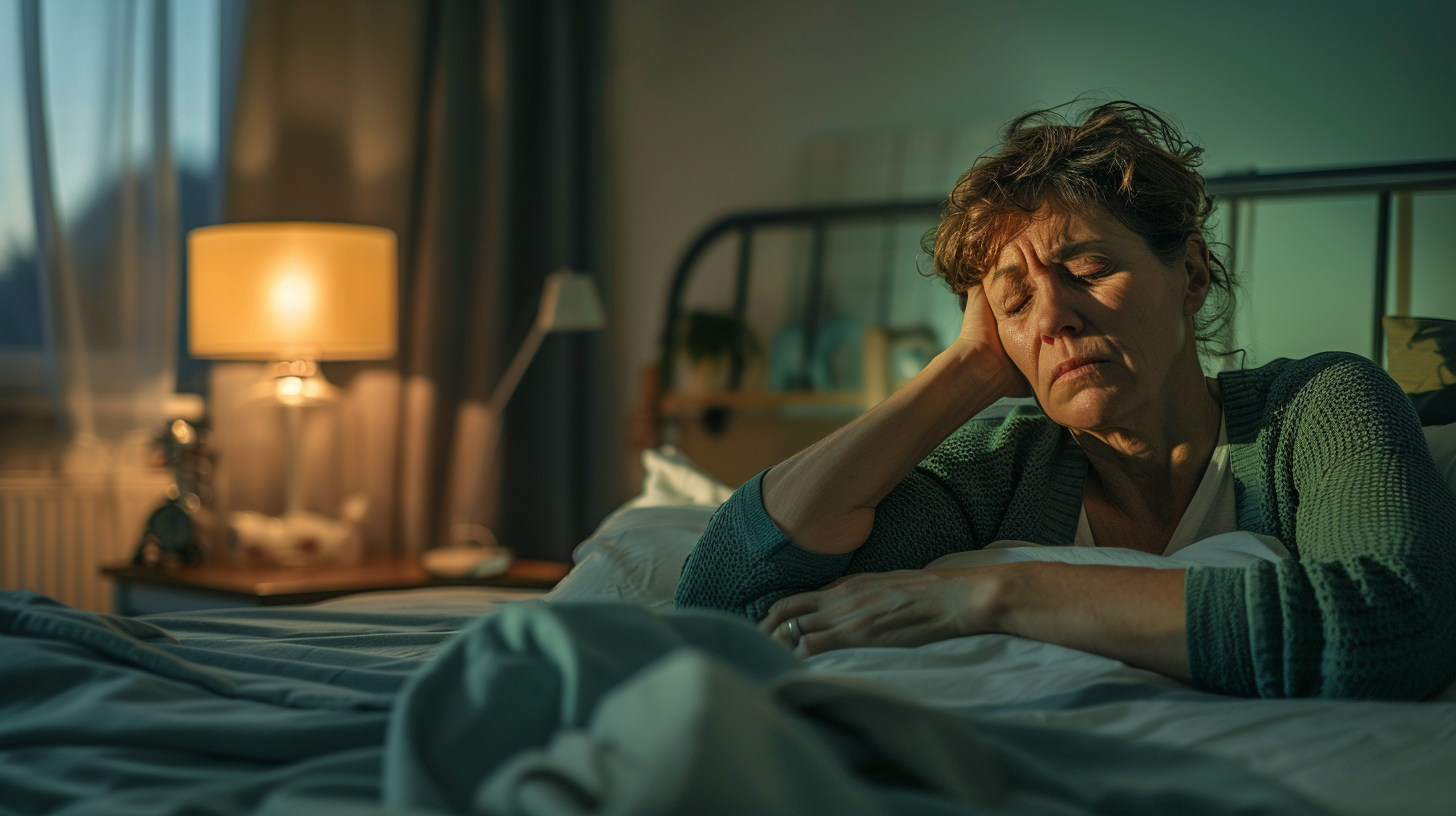 A tired and stressed woman in her 50s struggling to sleep in her bedroom.