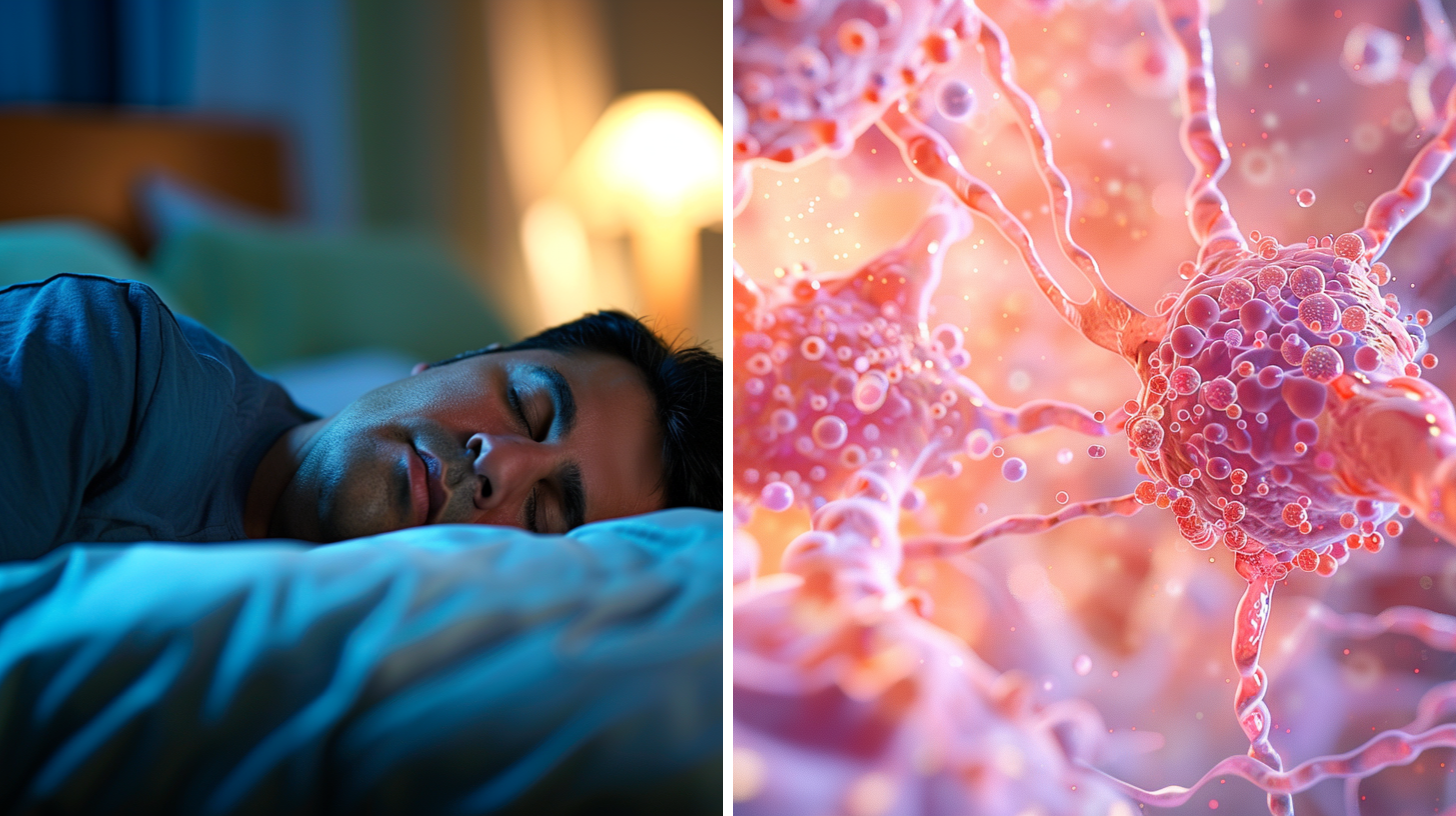 A Hispanic man restfully sleeping in bed at night and a close-up 3D image depicting cellular metabolism to illustrate the metabolic rate of humans.