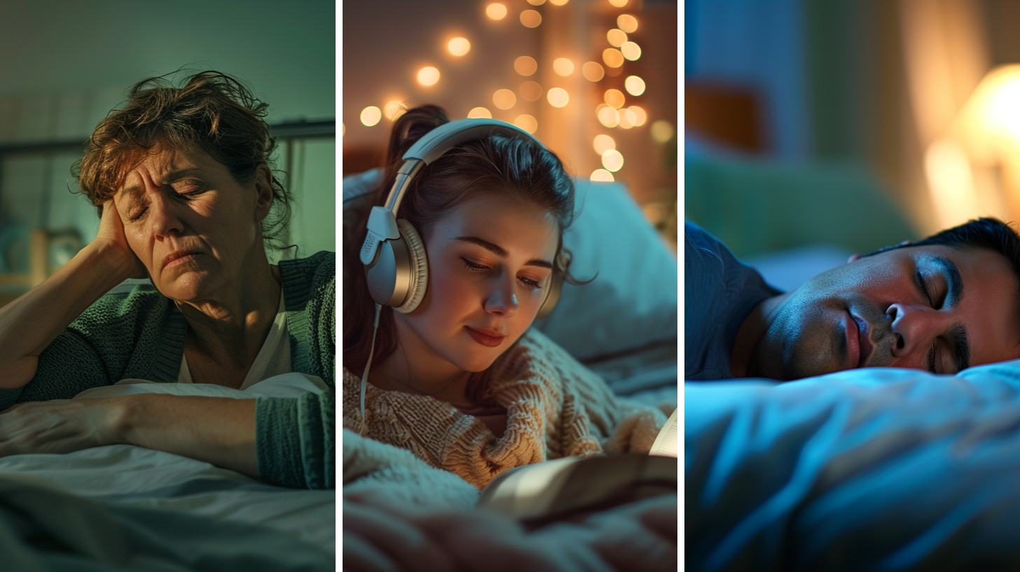 A tired and stressed woman in her 50s struggling to sleep in her bedroom, a woman in her 30s wearing headphones, reading a book in her bedroom, as she prepares to sleep, and a Hispanic man restfully sleeping in bed at night.