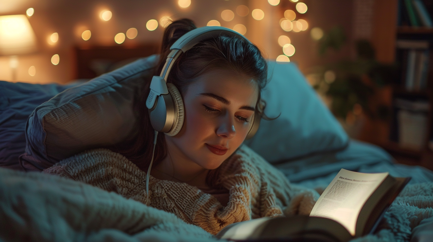 A woman in her 30s wearing headphones, reading a book in her bedroom, as she prepares to sleep.