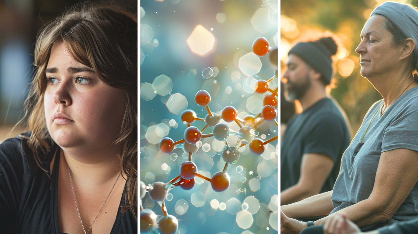 A stressed-looking slightly overweight female, a 3D rendering of cortisol hormone structure, and a group of people mid 40s doing outdoor meditation yoga.