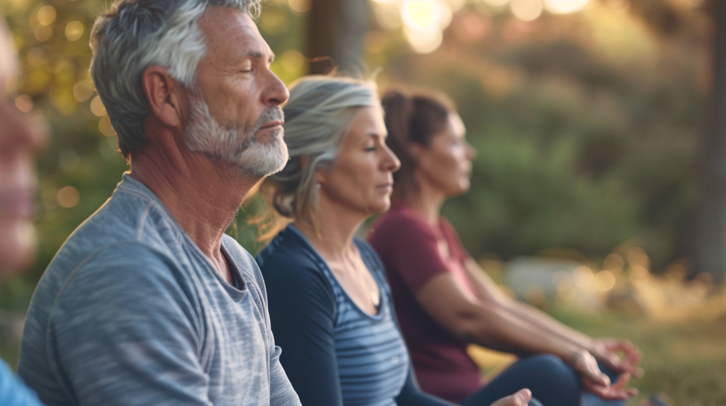 A group of slightly overweight male and female mid 40s doing outdoor meditation yoga.