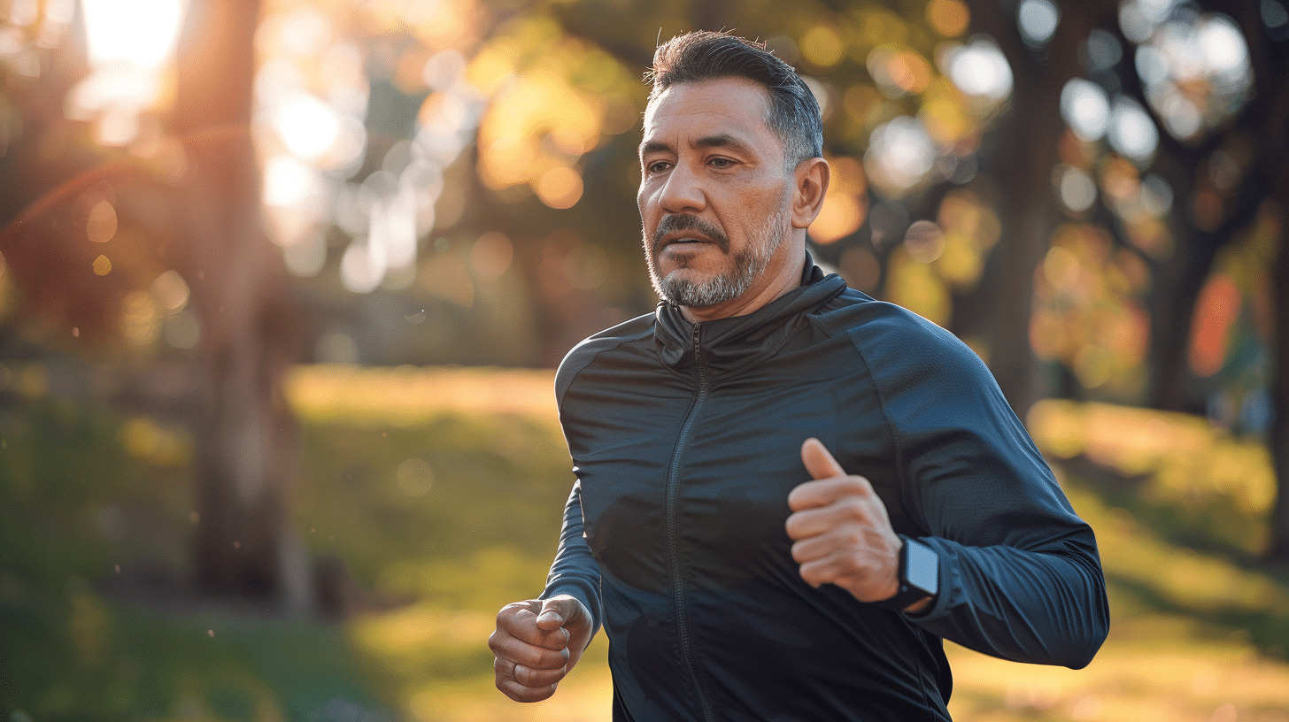 A determined Hispanic male in his 40s running outside in the park, with a resolute expression.