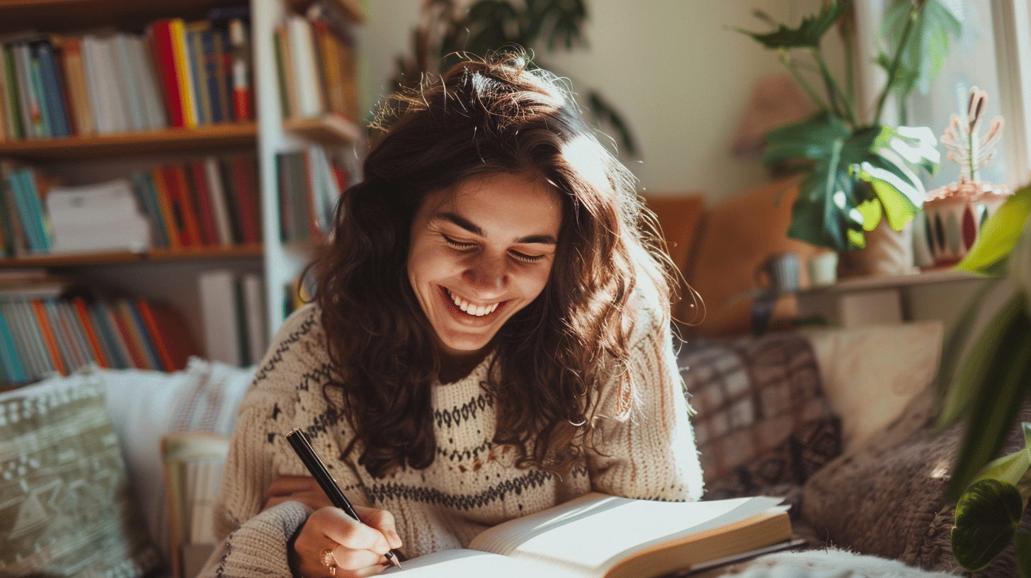 A smiling and empowered female writing in her food journal about her weight loss progress inside her room.