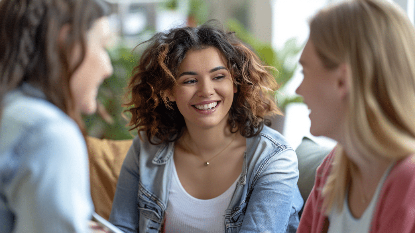 An image depicting a group of friends serving as a support group, offering motivational support to a female weight loss patient.