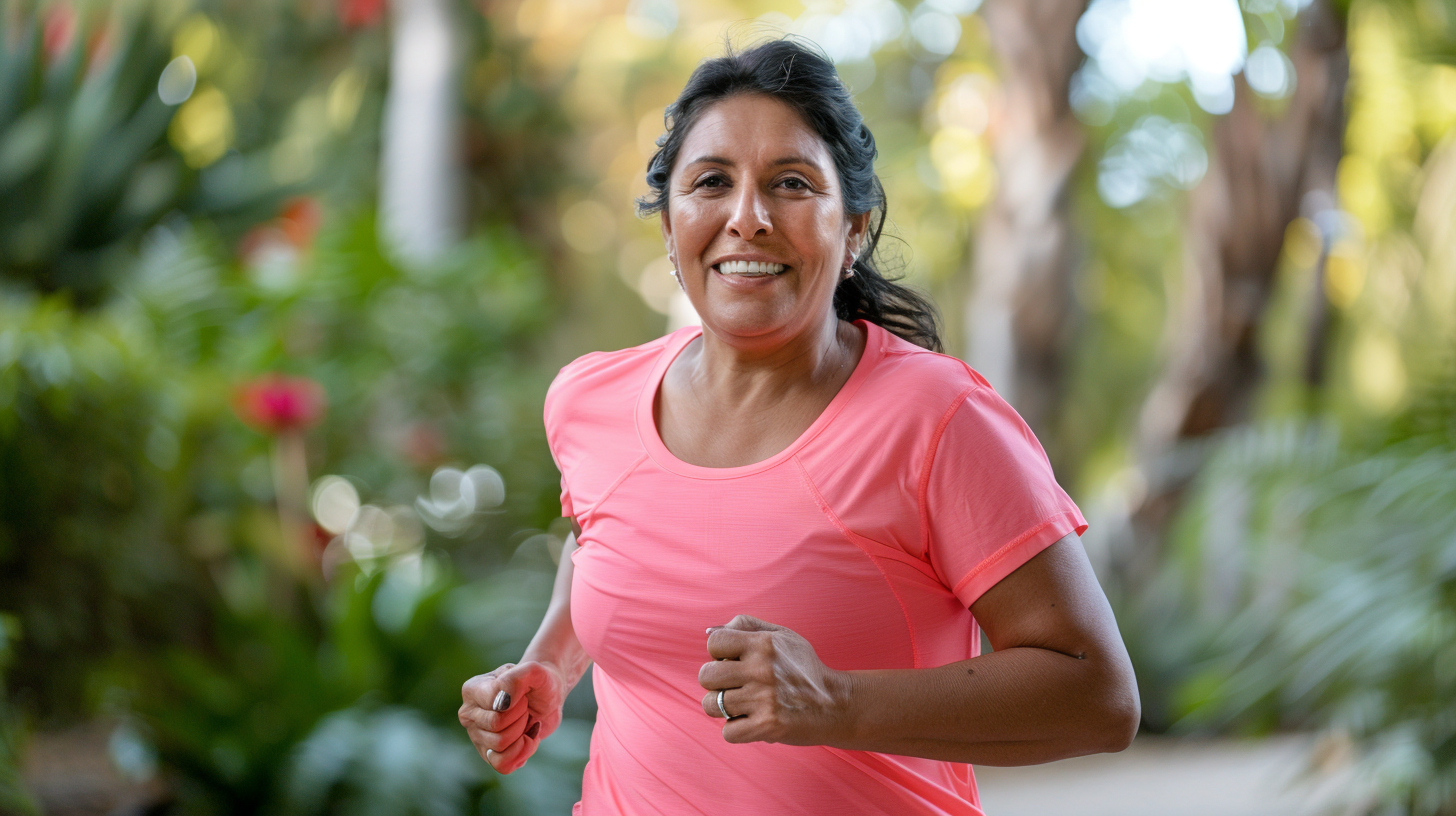 A Hispanic woman slightly overweight mid 30-40 years running outside in the park.