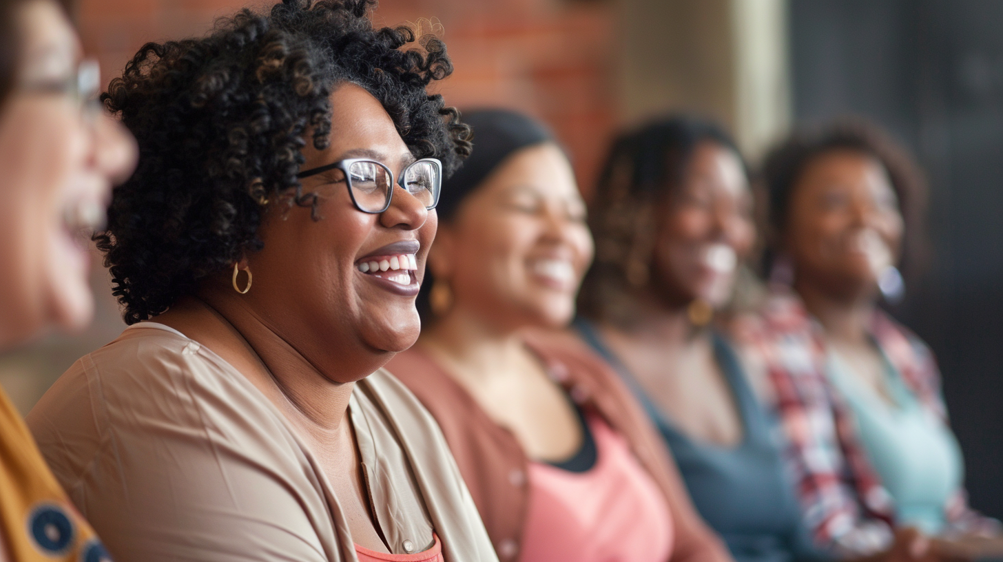 Image of a support group of slightly overweight females gathering together, laughing and talking.