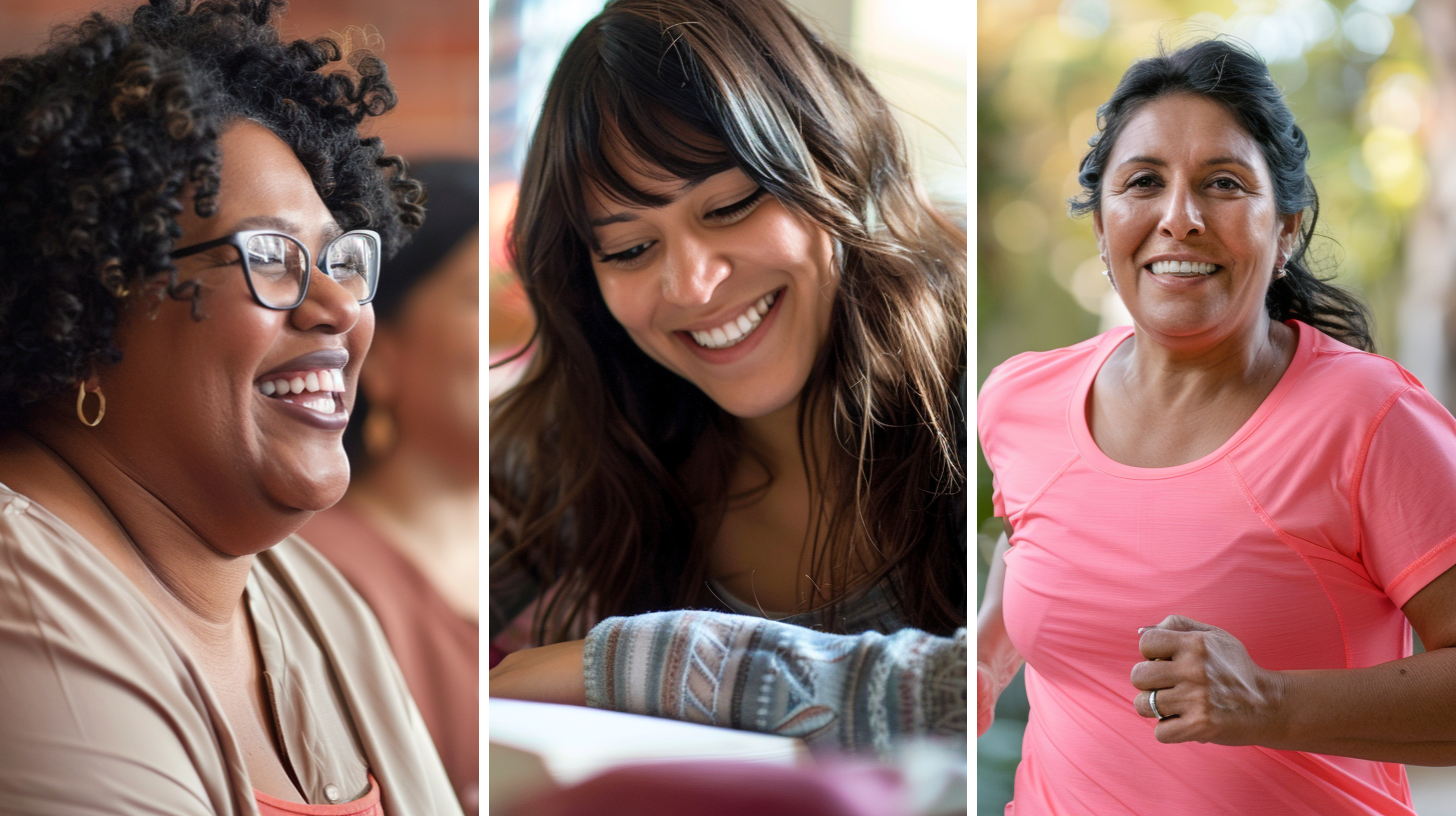 Image of a support group of slightly overweight females gathering together, a happy and slightly overweight Hispanic woman inside her room aged 30 yrs old writing in her journal, and a Hispanic woman slightly overweight mid 30-40 years running outside in the park.