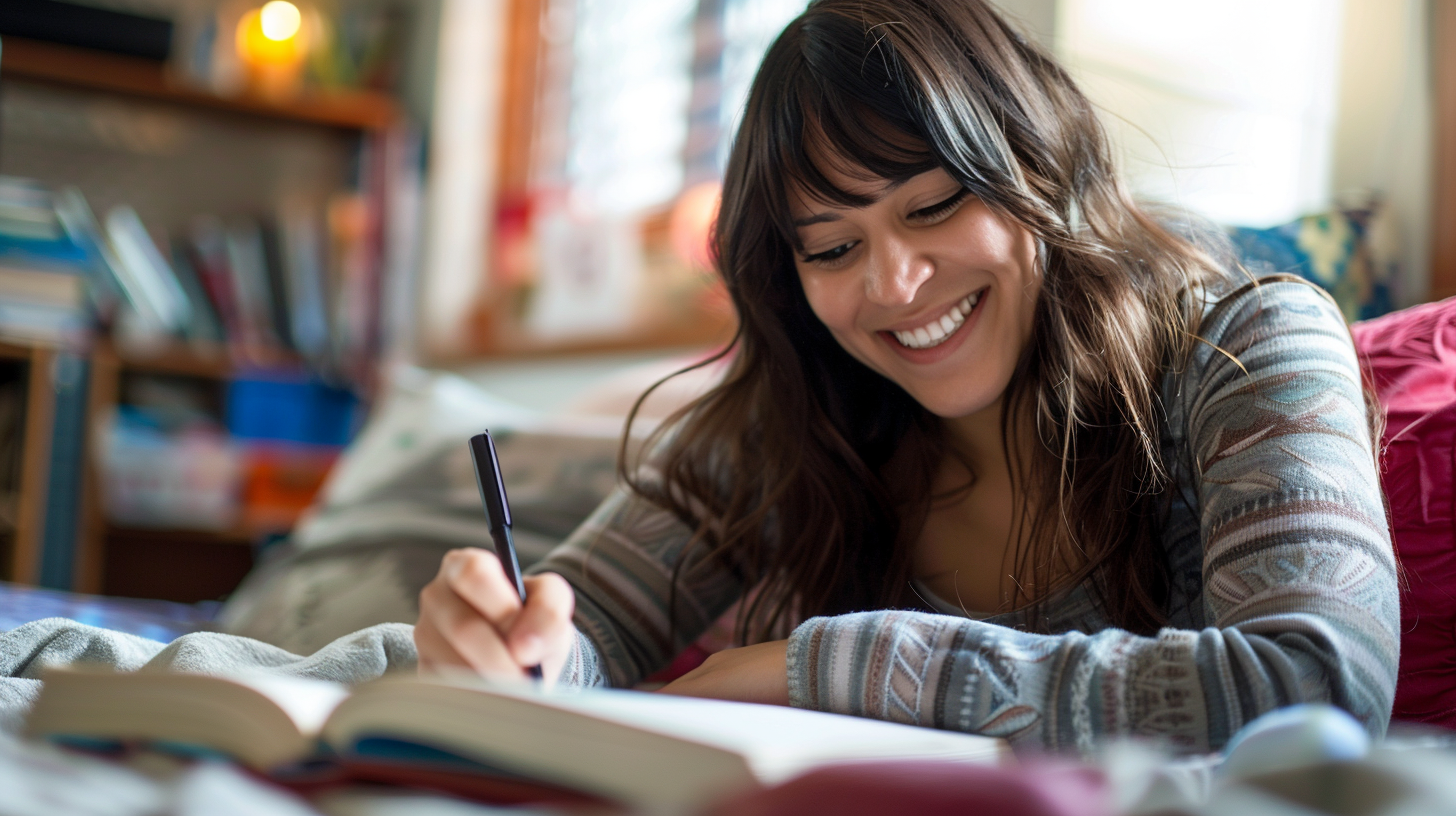 A happy and slightly overweight Hispanic woman inside her room aged 30 yrs old writing in her journal.