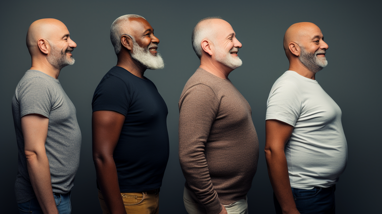 Full profile of standing men between the ages of 40 and 70 with different races and body types.