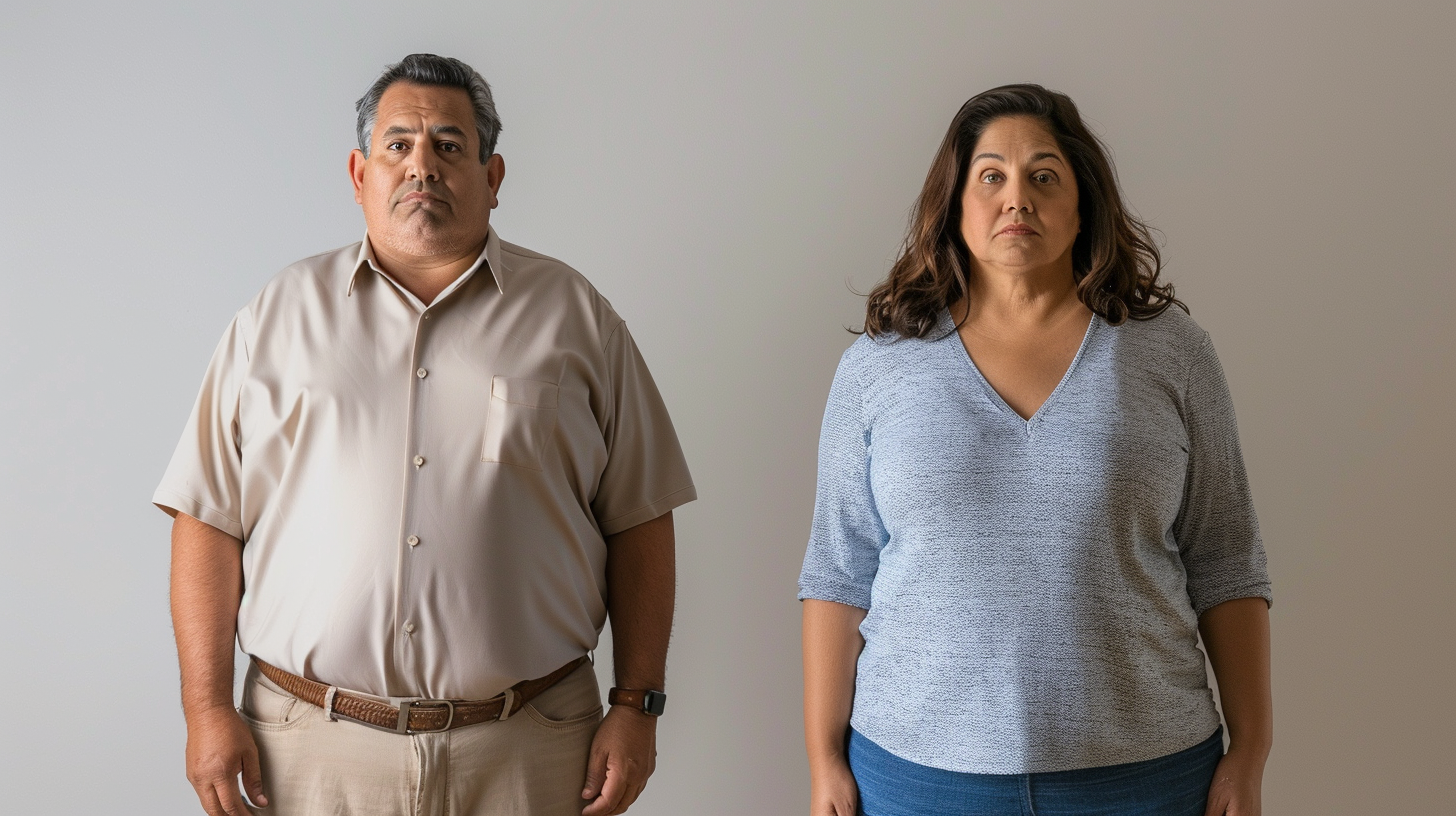 A full-body image featuring a slightly overweight male in his 50s and a slightly overweight female in her 40s, both depicted with realistic proportions.