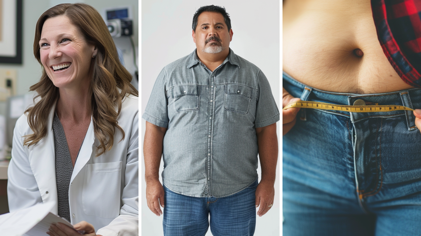 A smiling medical doctor, a slightly overweight Hispanic male in his 50's, and an image depicting the waist circumference measurement of a slightly overweight person.