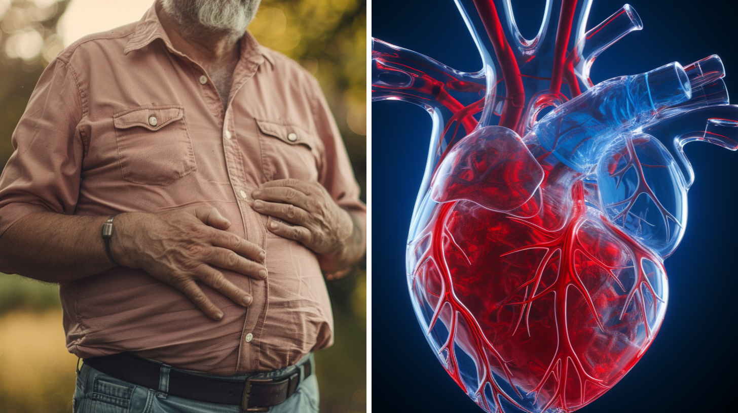 An image of a man in his 50s with a slightly big belly, and a 3D rendering of a human heart.