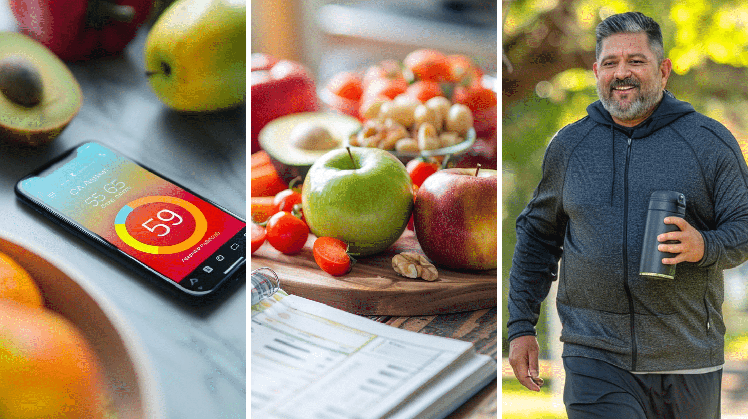 A weight loss mobile app interface to symbolize applications for weight loss, a weight loss meal plan, a Hispanic man in his 50s briskly walking in the park.