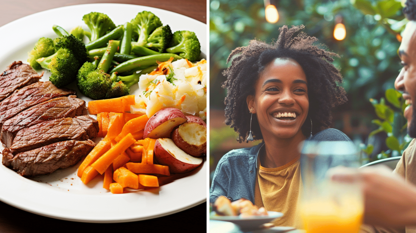 Dinner plate with Atkins diet based meal and two smiling people talking over a healthy meal together.