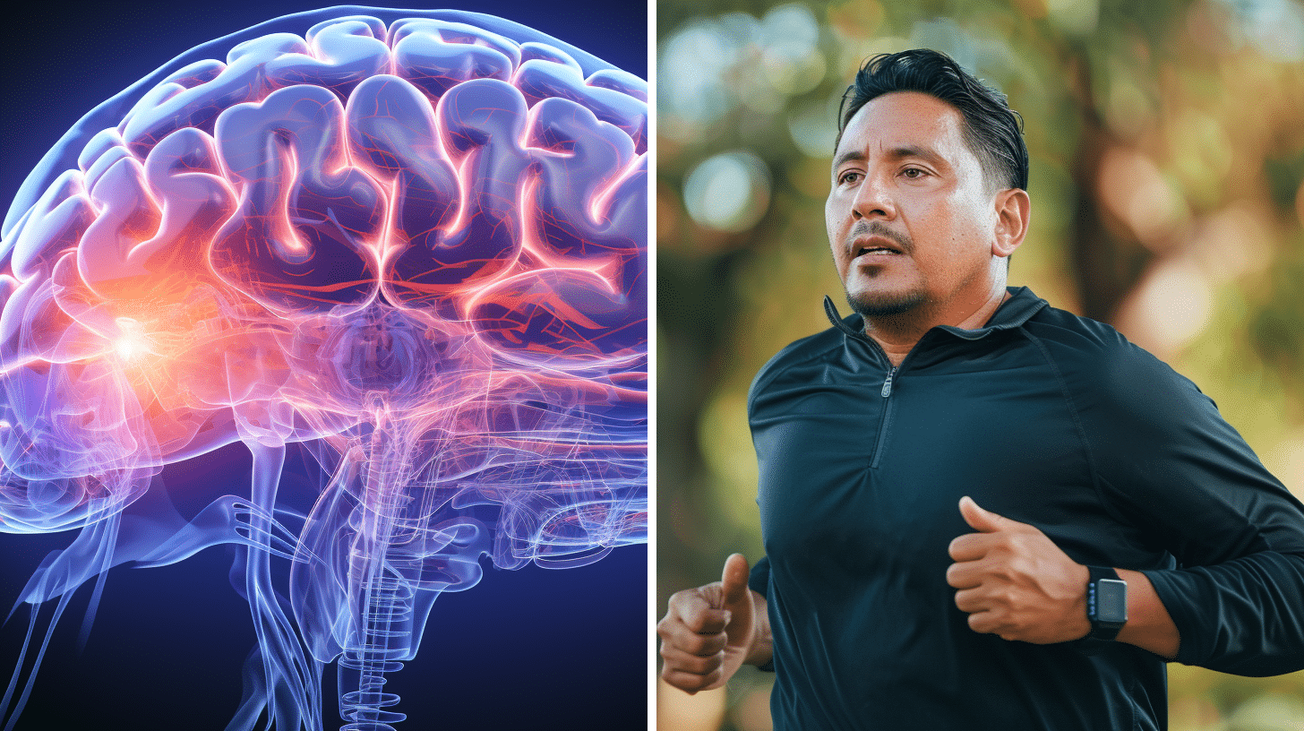 A 3D rendering of a human brain and a Hispanic man engaged in running exercises in the park.