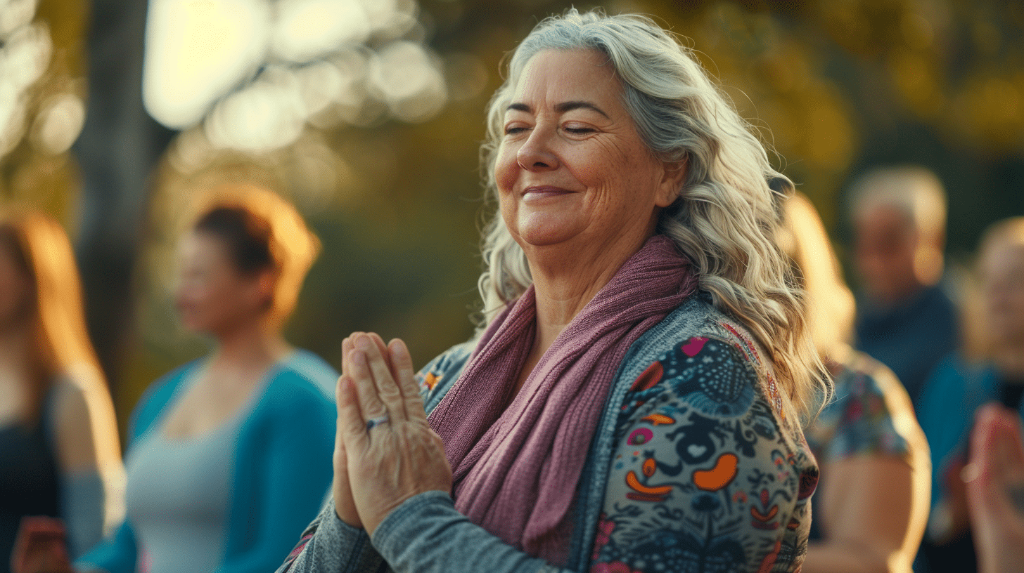 A group of slightly overweight women middle-aged doing outdoor yoga.