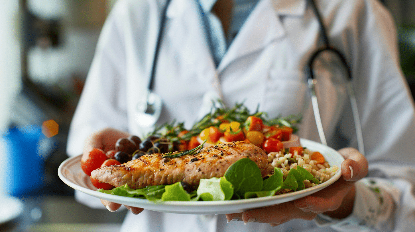 A keto-diet meal served on a dinner plate, being held by a dietitian.