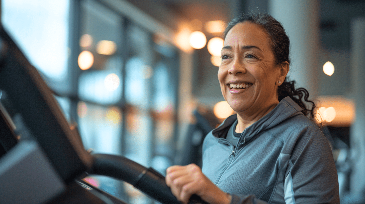 A smiling Hispanic woman in her 50's running on a treadmill in the gym.