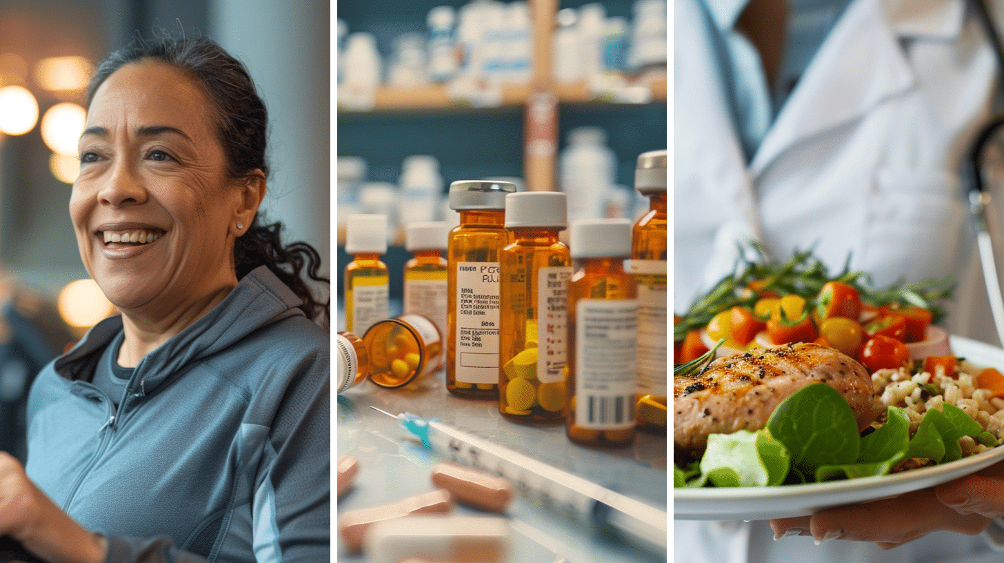 A smiling Hispanic woman in her 50's running on a treadmill in the gym, medications and a keto-diet meal served on a dinner plate, being held by a dietitian.