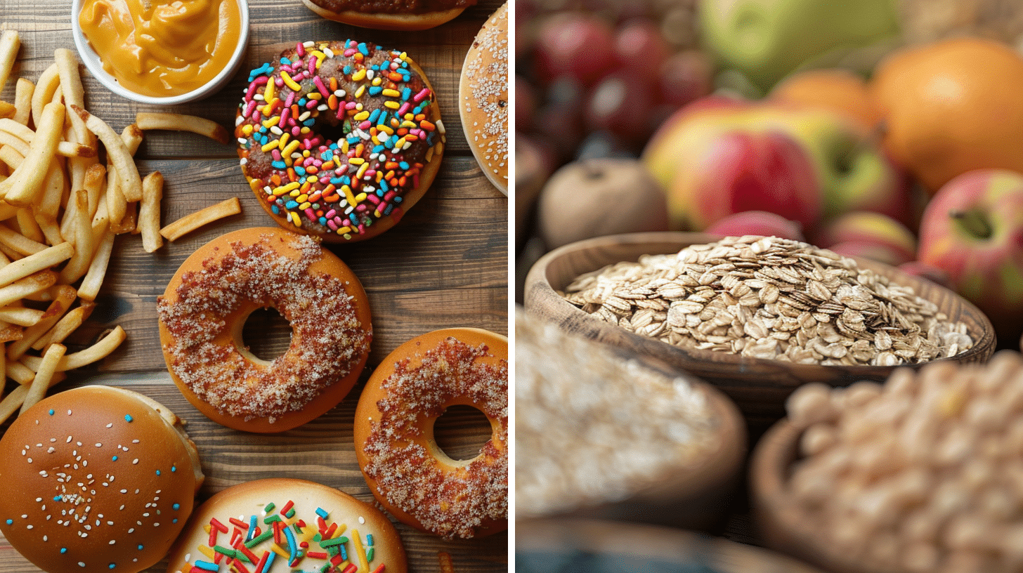 An image of unhealthy snacks which is a simple carbohydrates versus an image of complex carbohydrates, such as whole grains, fruits, and vegetables.