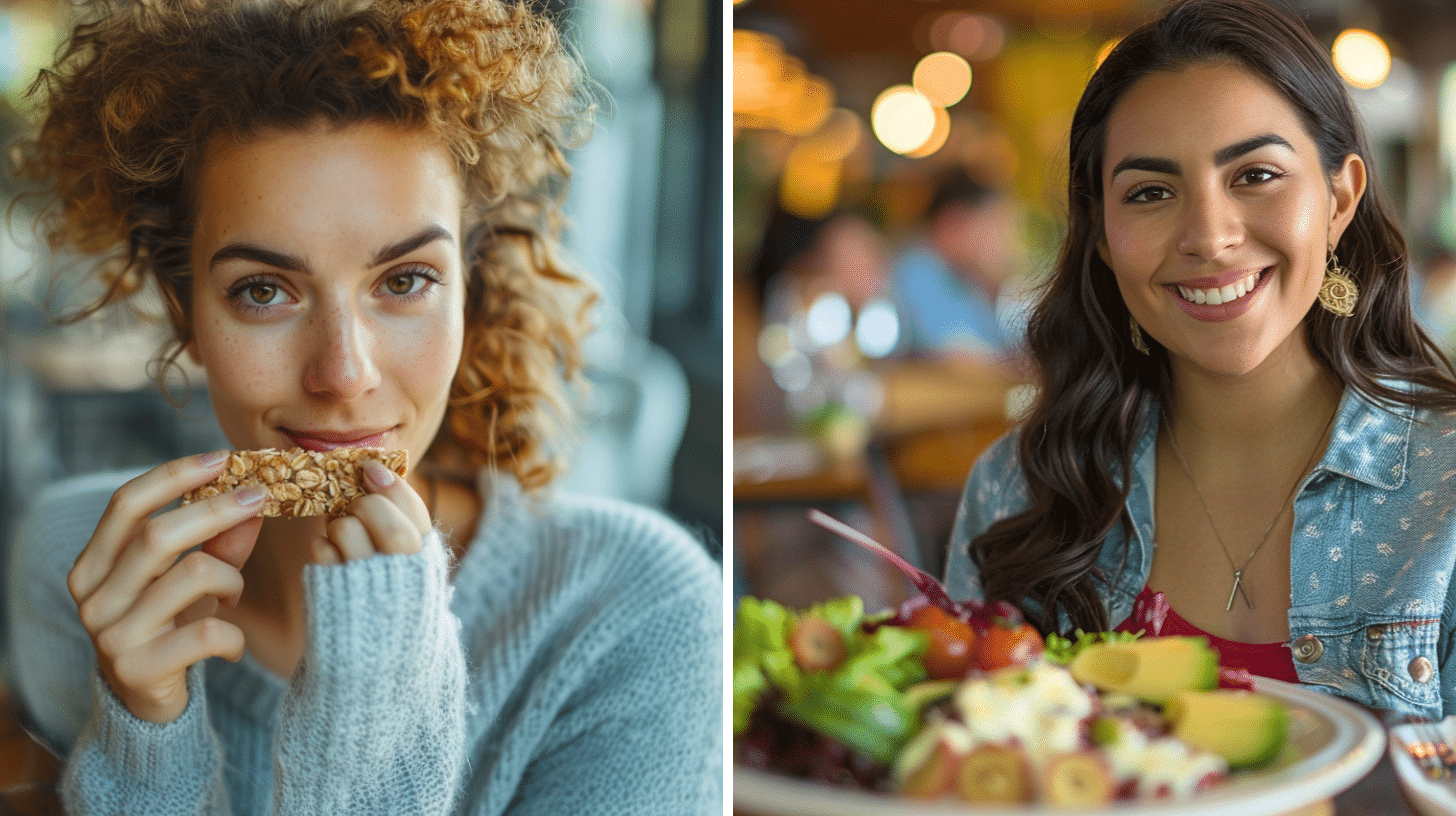 An image of a woman eating granola bar due to dieting versus an image of a female eating a healthy well-balanced meal.