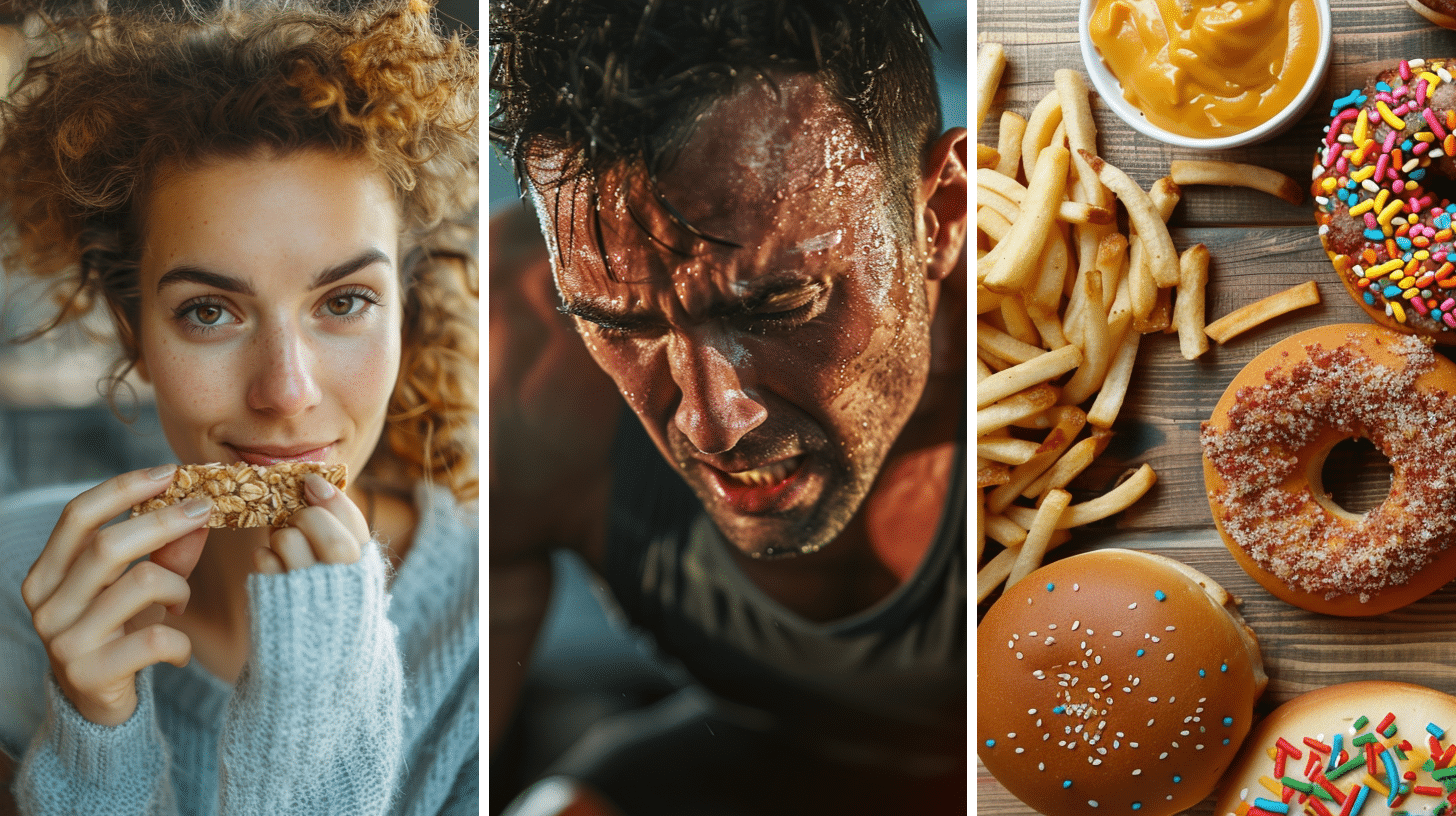 A female eating granola bar, a man doing intense workout and image of a simple carbohydrates.