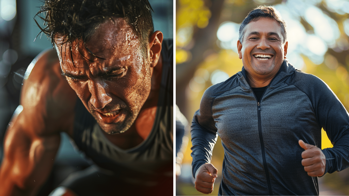 An image of a man having an intense workout in the gym versus an image of a man doing Moderate-intensity exercise such as outdoor running.