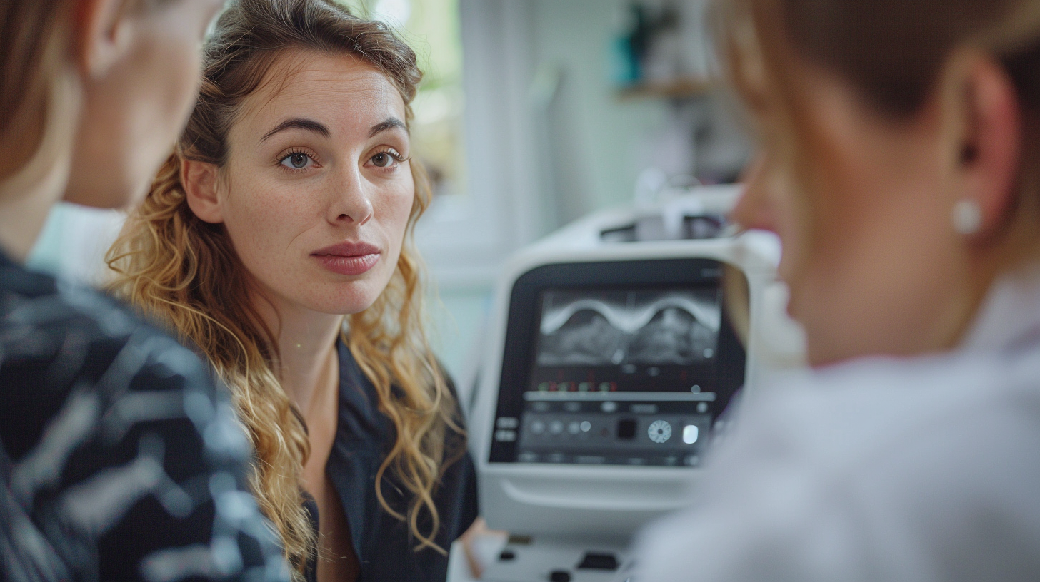 nurse practitioner analyzing ultrasound machinem