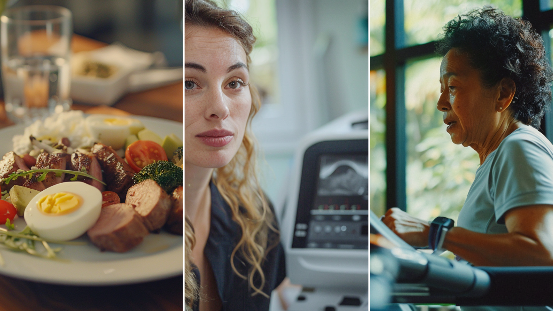 Keto plate, nurse practitioner analyzing ultrasound machine, and woman with a treadmill machine.