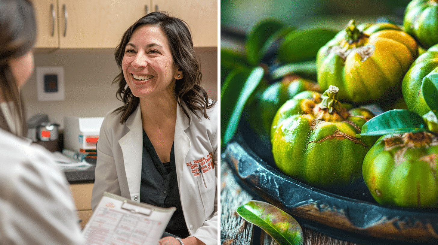 A smiling medical doctor engaged in a conversation with a patient and an image of Garcinia Cambogia fruit.