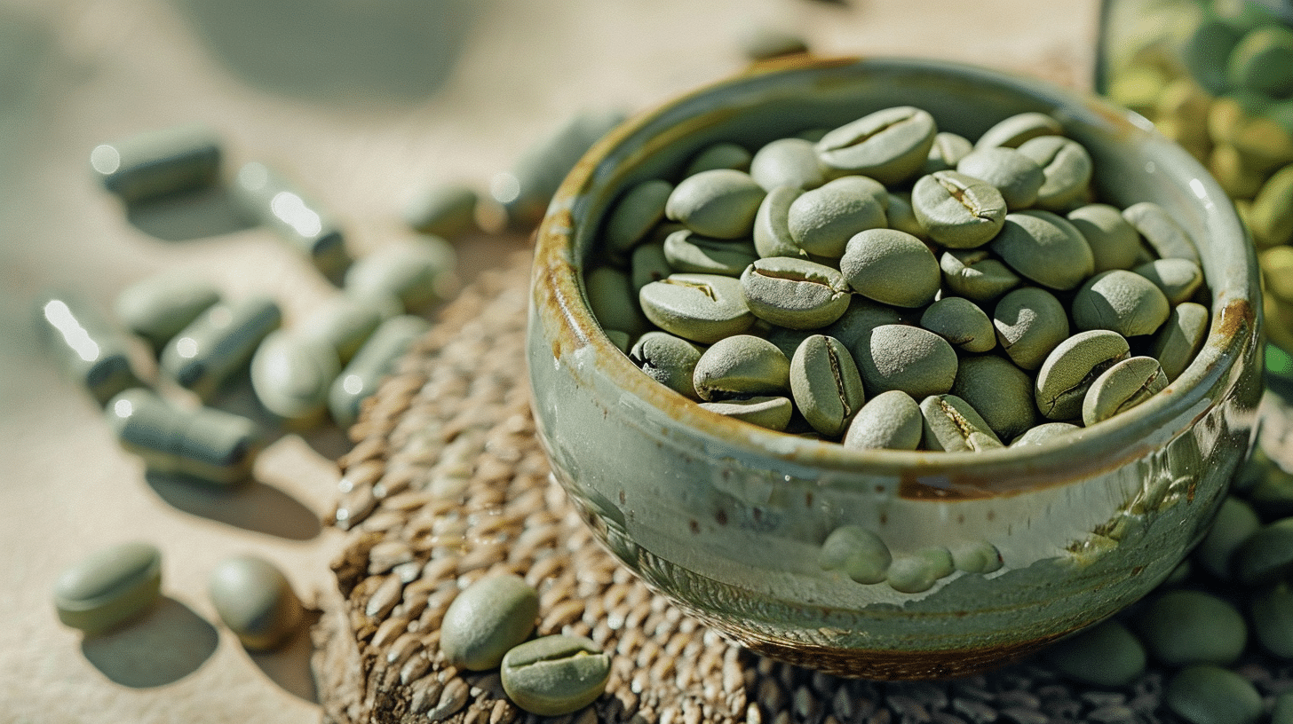 An image of a bowl filled with green coffee beans.