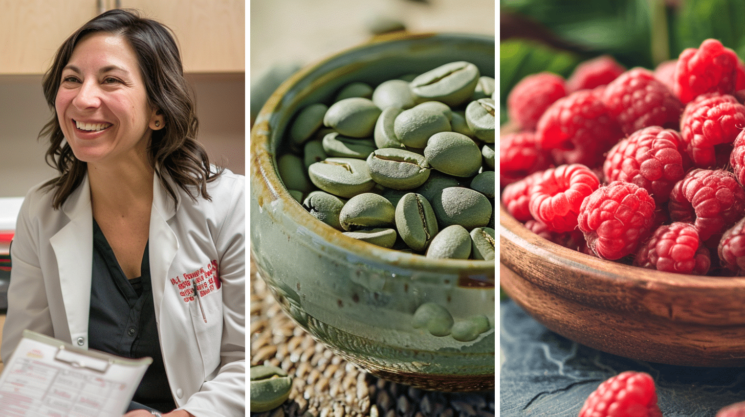 A smiling medical doctor, a bowl filled with green coffee beans and a bowl filled with raspberries.