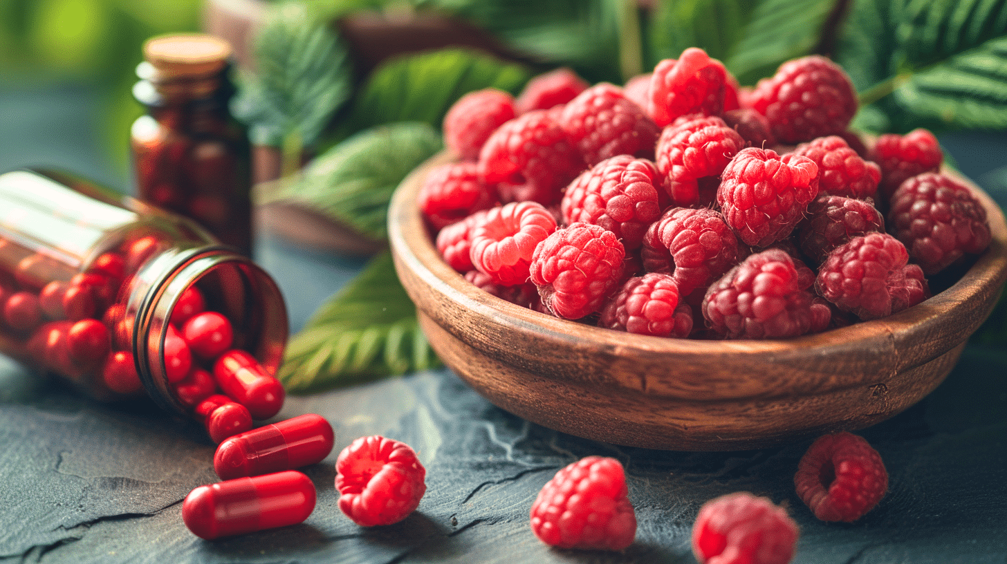 An image of a bowl filled with raspberries next to a pill bottle containing red capsules.