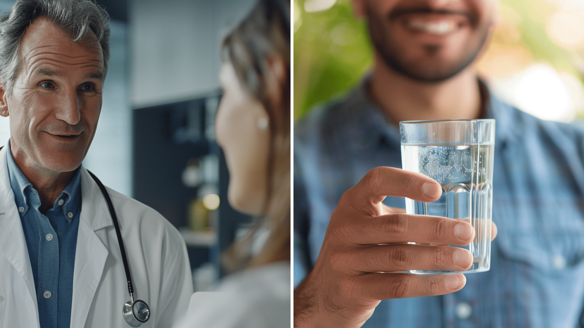 A doctor and patient having consultation and A 40-50-year-old Hispanic man holding a glass of water.