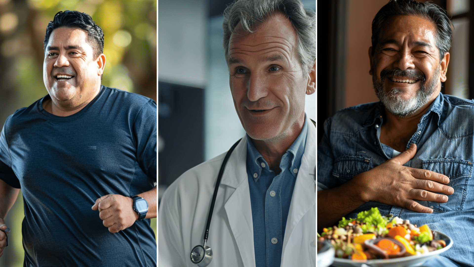 A 40-50 aged hispanic man running in a park, A doctor and patient having consultation, and a 40-50 years old hispanic man smiling in front of his healthy plate while holding his stomach because of satisfaction. He is sitting on a chair.