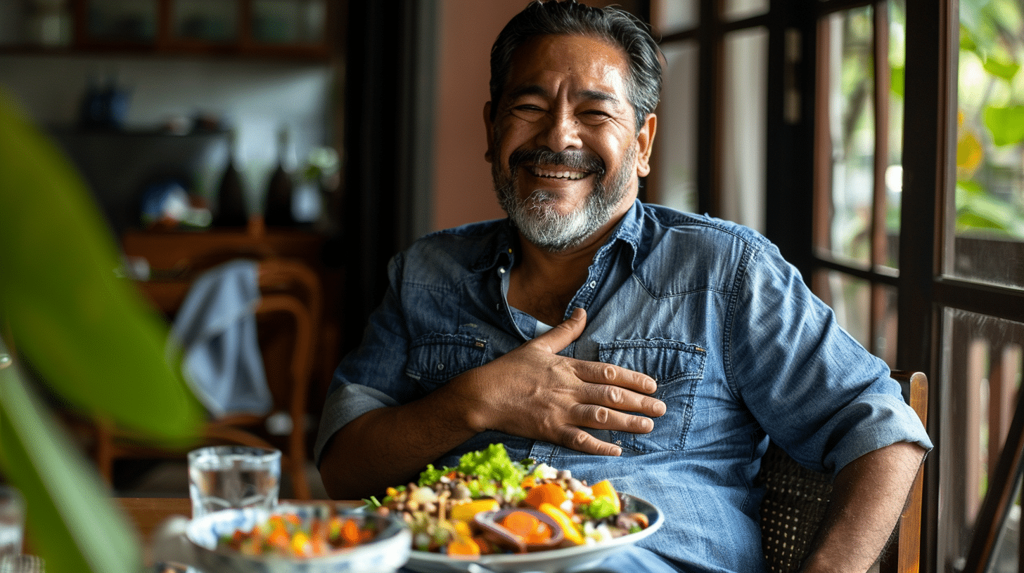 A 40-50 years old hispanic man smiling in front of his healthy plate while holding his stomach because of satisfaction. He is sitting on a chair.