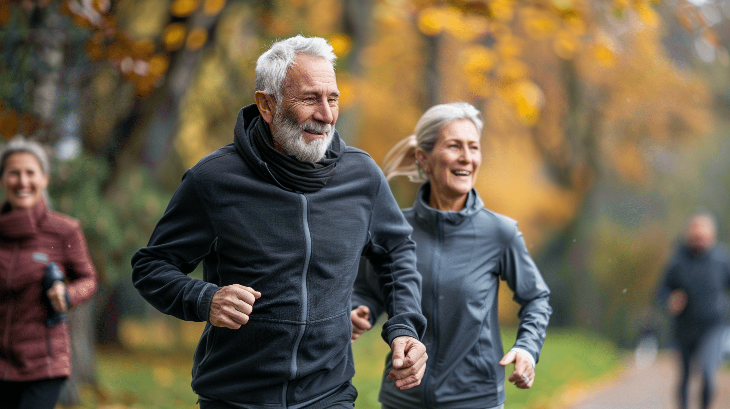 A happy and healthy couple in their 60s engaged in running exercises outside the park with other people.