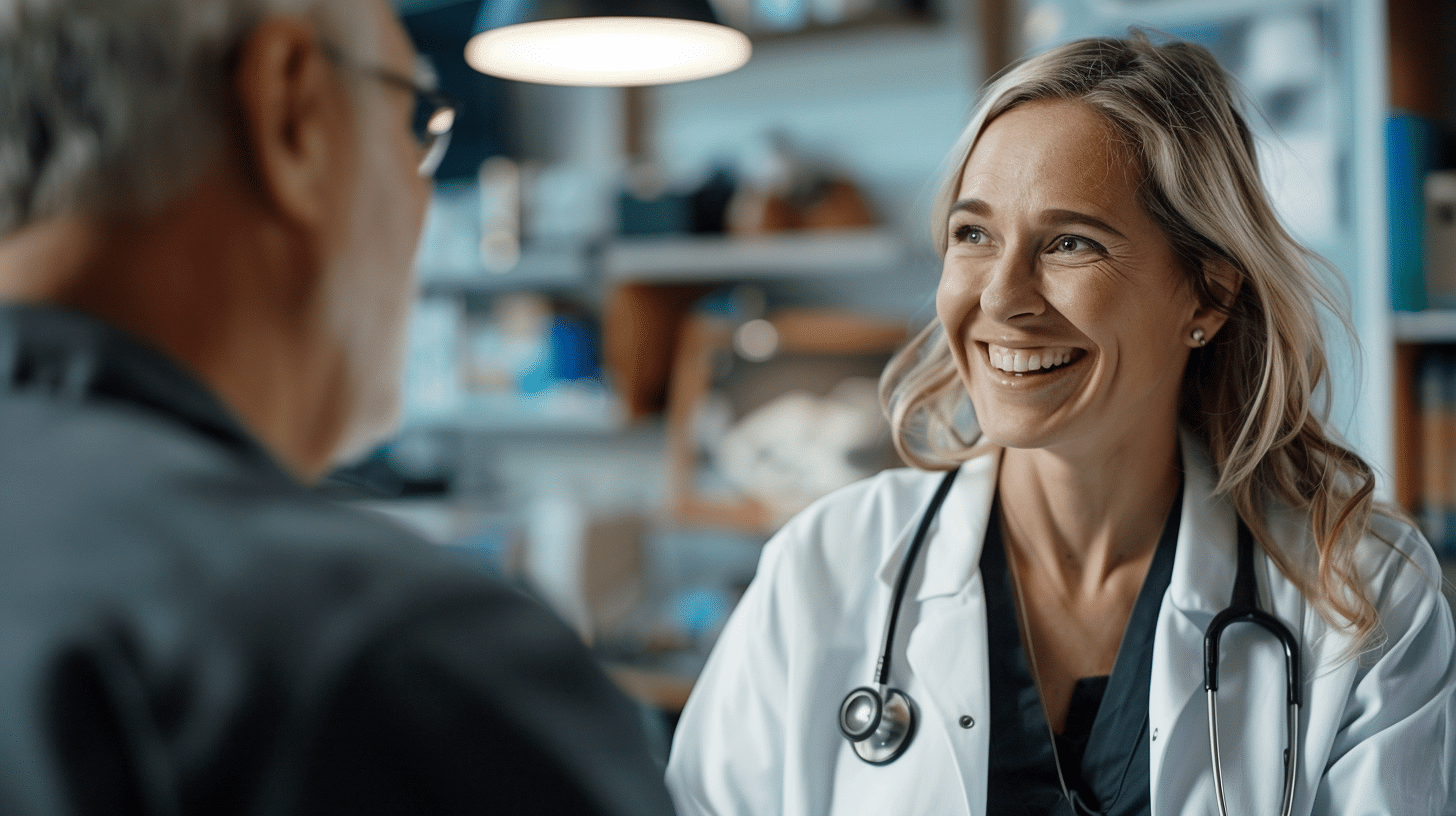 A smiling female medical doctor talking to a male patient in his 60's inside the clinic, clinic setting.