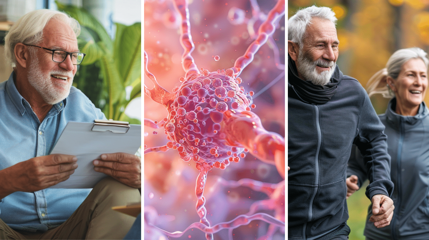 A male patient in his 60's, a 3D rendering depicting cellular metabolism, and a healthy couple engaged in running exercises outside the park.