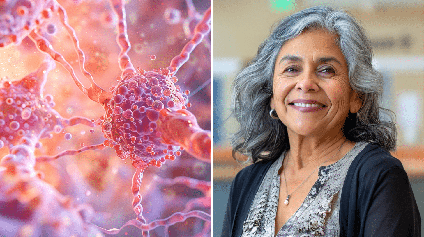 A close-up 3D image depicting cellular metabolism to illustrate the metabolic rate of humans and a smiling Hispanic woman in her 60s standing and smiling in the clinic lobby.