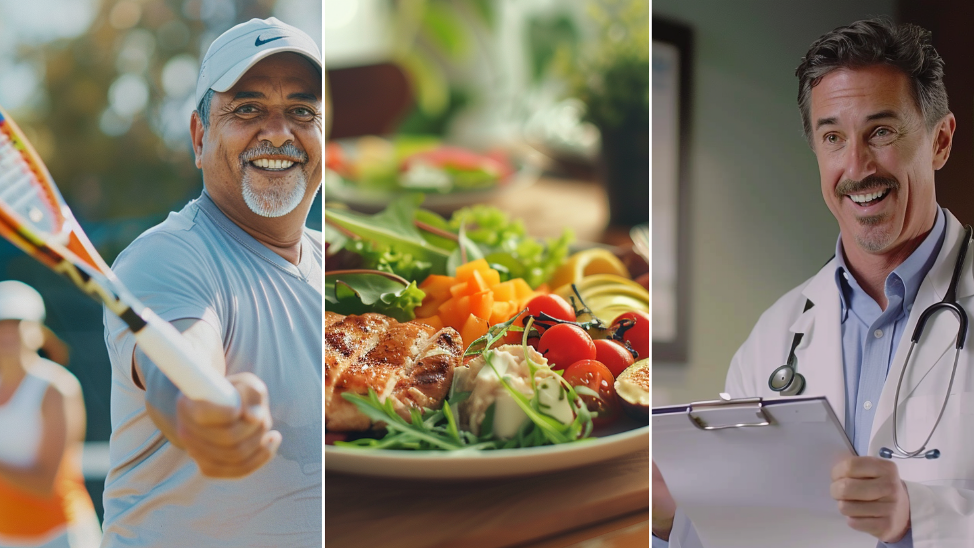 an image of a food plate with keto diet signifying a healthy relationship with food, a doctor, and a hispanic man holding a tennis rocket