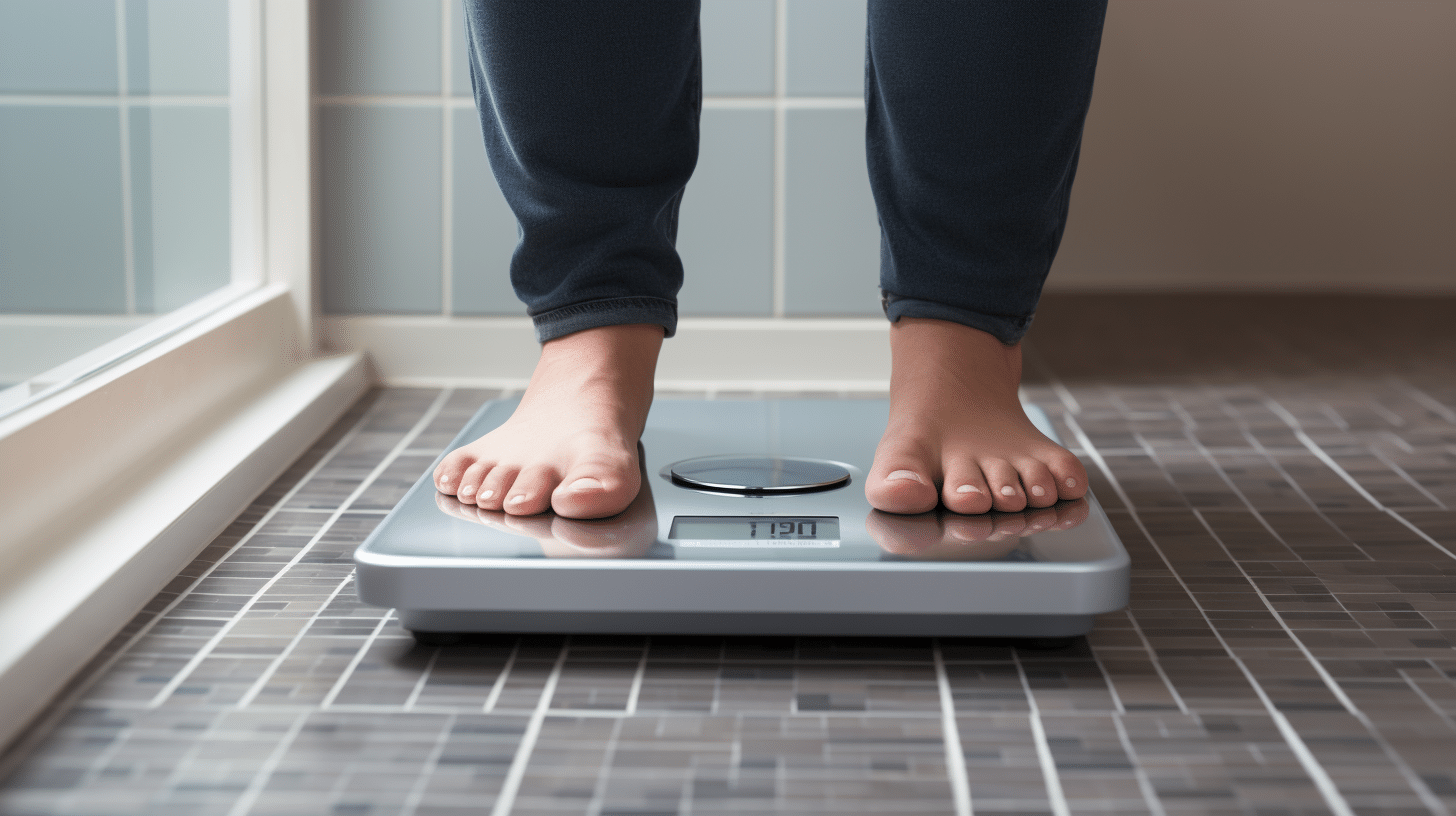 Male feet on a scale in a bathroom with a tile floor.