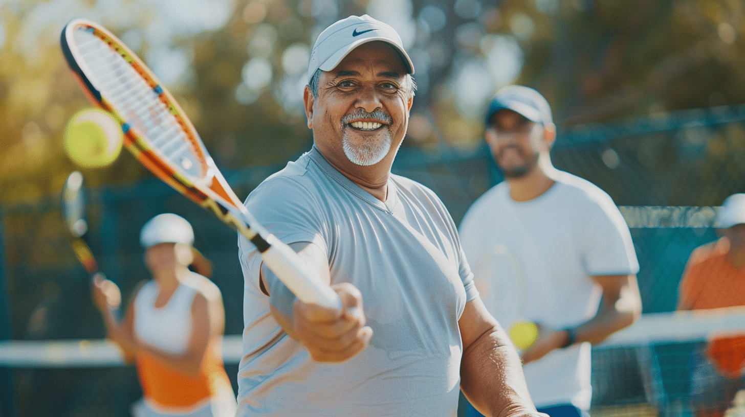 a group of Hispanic men 40-50 aged playing tennis on the tennis court, wearing sportswear, and correct handling on the tennis rocket.