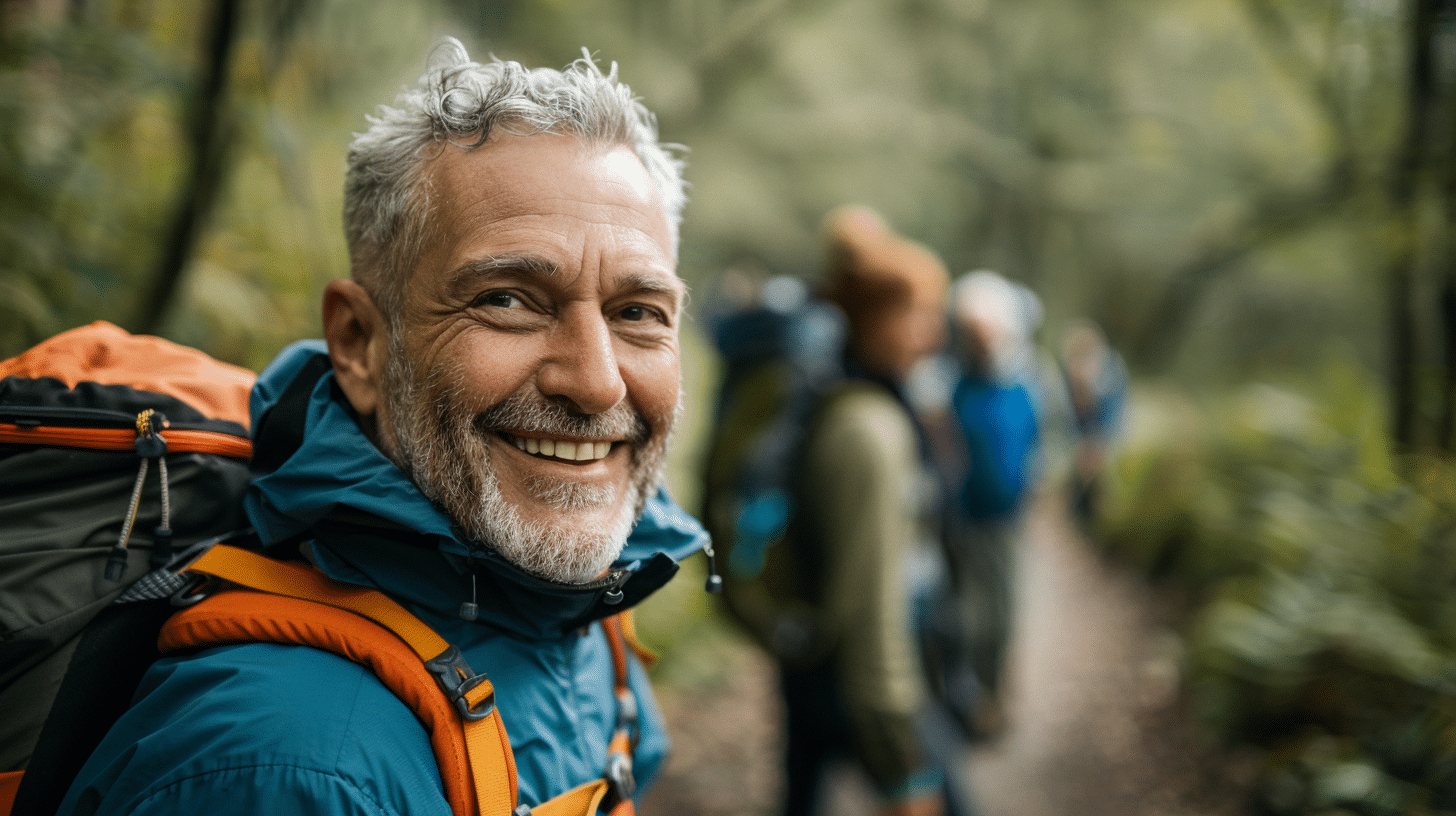 An image of a middle-aged male trekking with friends.