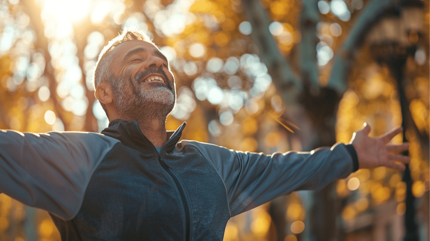 A Hispanic man in mid 60's in running outside with relief.