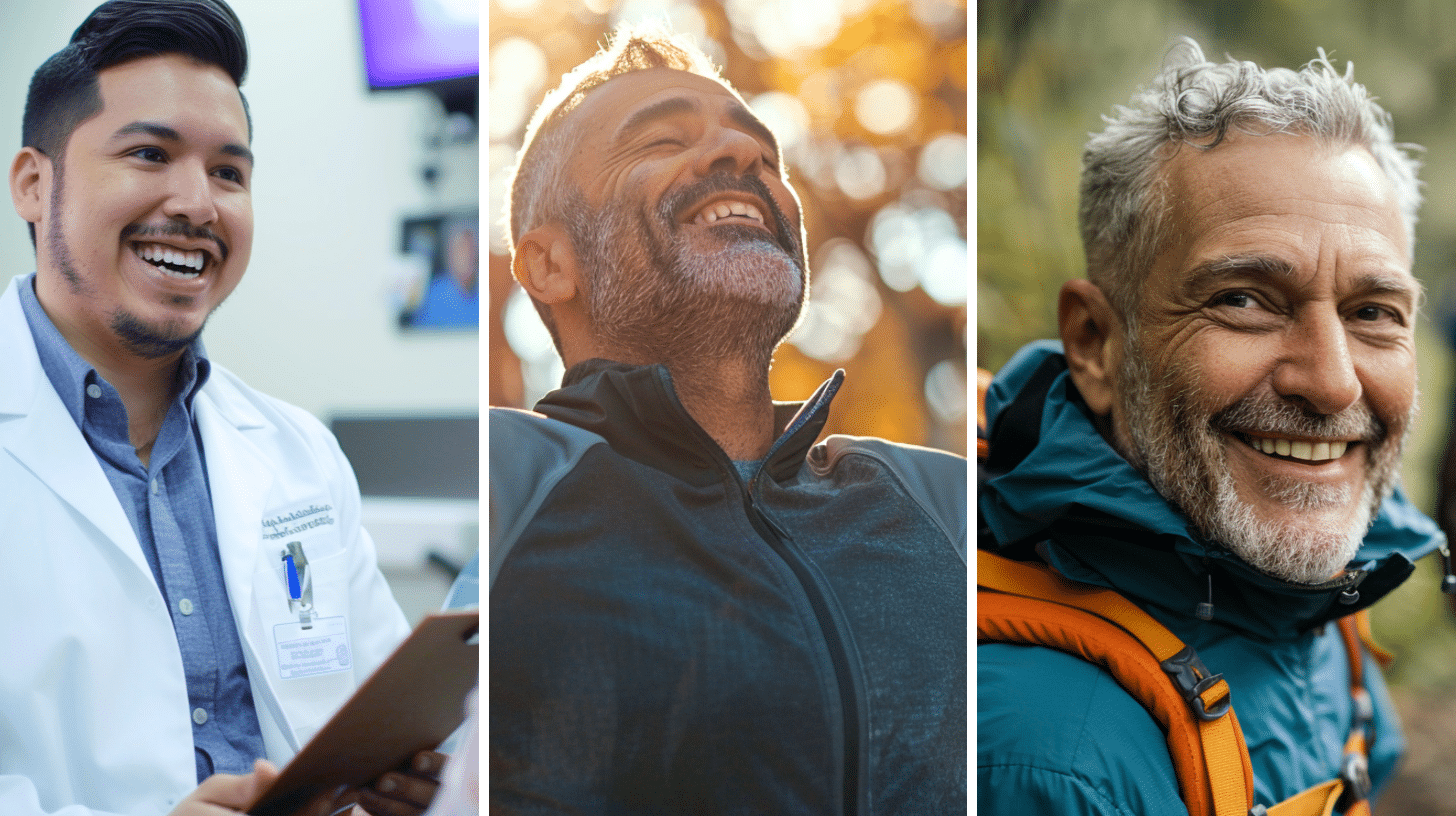 A smiling medical doctor, a Hispanic man in mid 60's and a middle-aged man trekking in the woods.