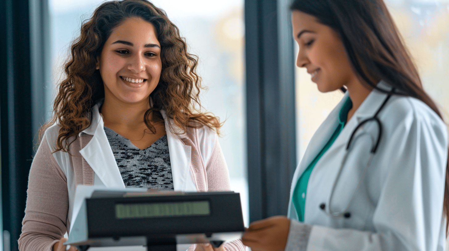 A smiling Hispanic woman is standing on a scale to check her weight loss progress.